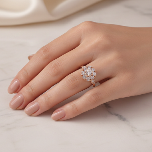 Rotating Floral Cluster Gold Ring with Round-Cut Stones – Elegant 360° Sparkle