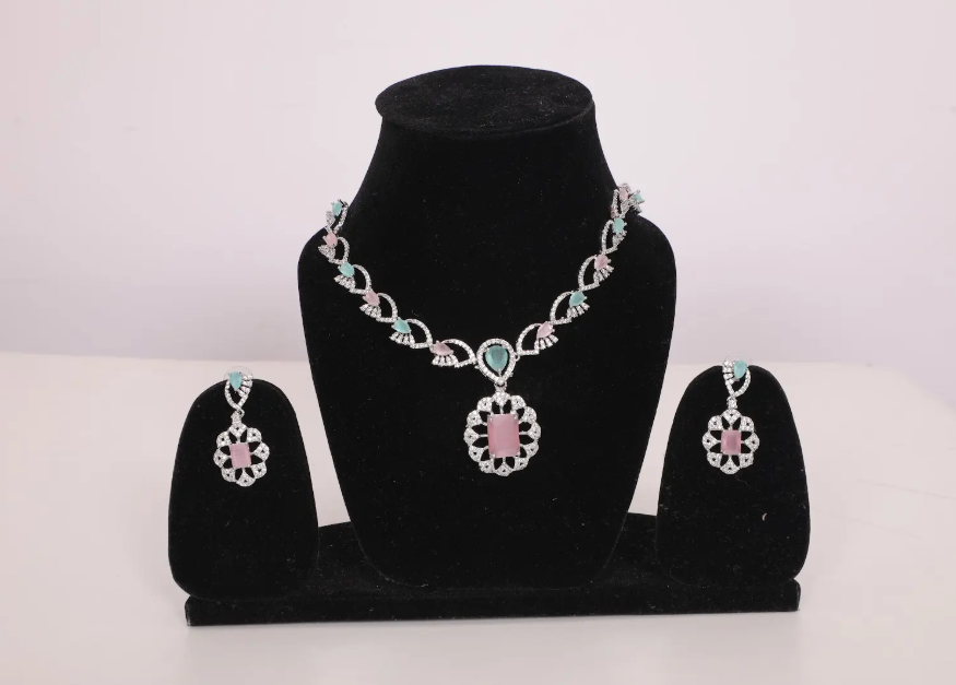 Turquoise Bloom Necklace Set with American Diamonds