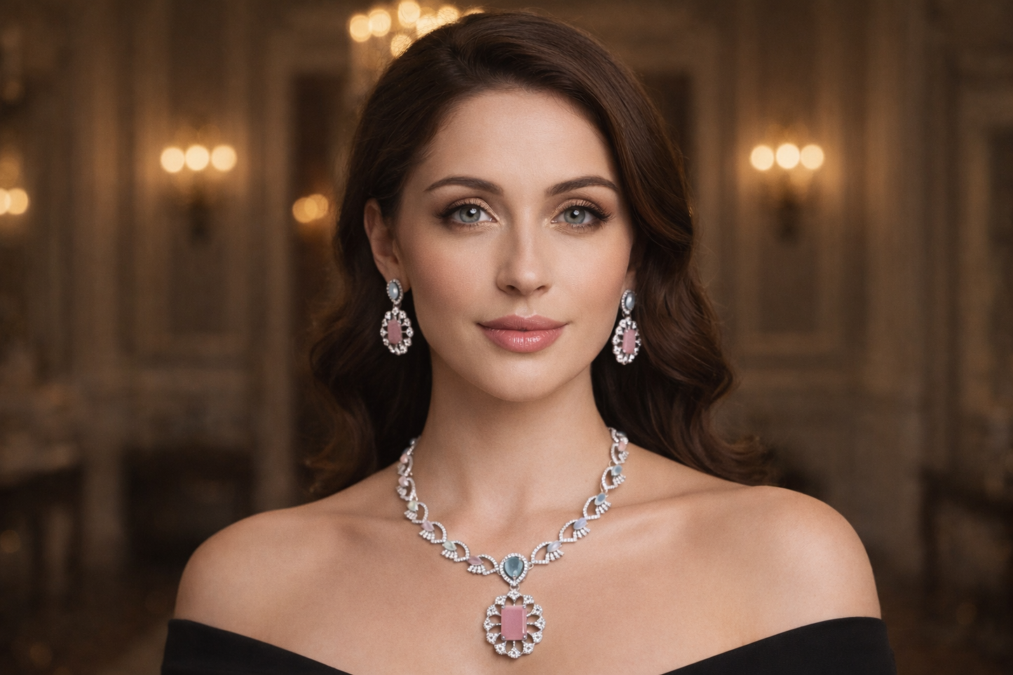 Turquoise Bloom Necklace Set with American Diamonds