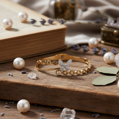 Anti-Tarnish Gold Bangle | Butterfly & American Diamond Design