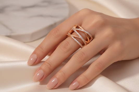 Wide Gold Ring with Crisscross Bands & Sparkling Stone Accents – Bold Designer Look