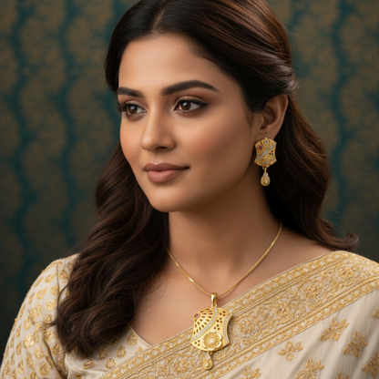 Floral Radiance Gold Toned Pendant & Earring set with Complimentary Chain