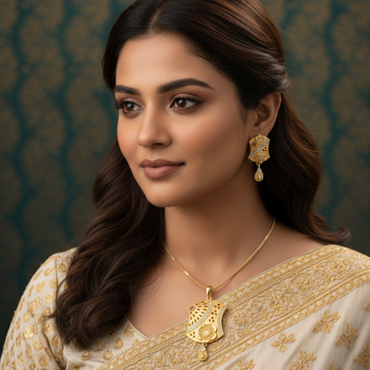 Floral Radiance Gold Toned Pendant & Earring set with Complimentary Chain