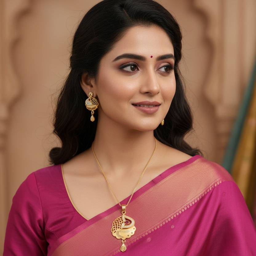 Red Stone Pendant & Earring Set with Complimentary Chain