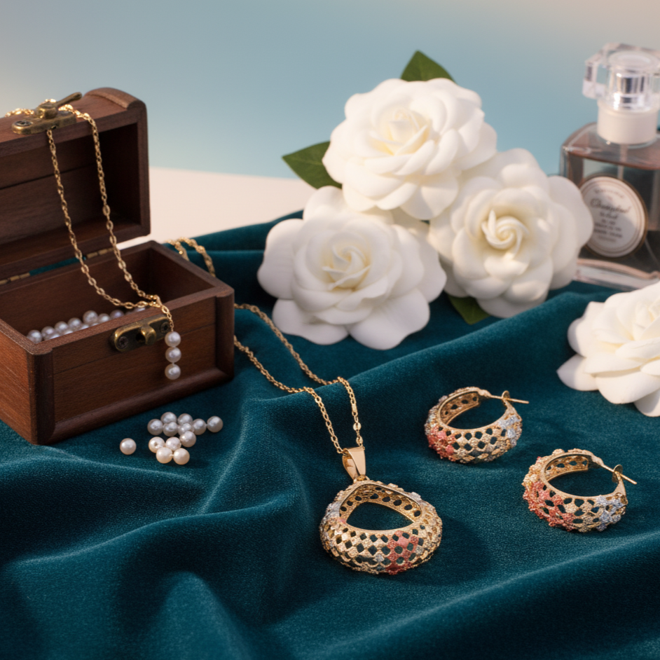 Tri-Tone Lattice Statement Set | Pendant and Earring Set