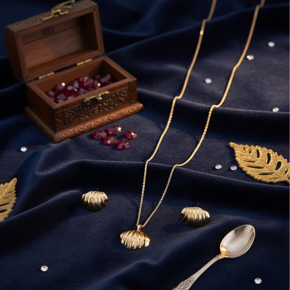 Golden Scallop Shell Brooch Pendant Set with Earrings