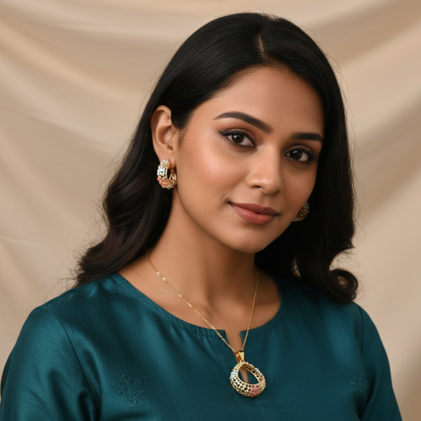 Tri-Tone Lattice Statement Set | Pendant and Earring Set