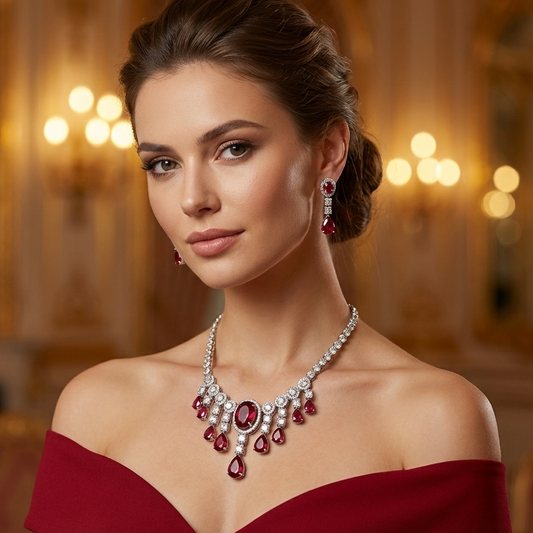 Crimson Royale Necklace Set with American Diamonds