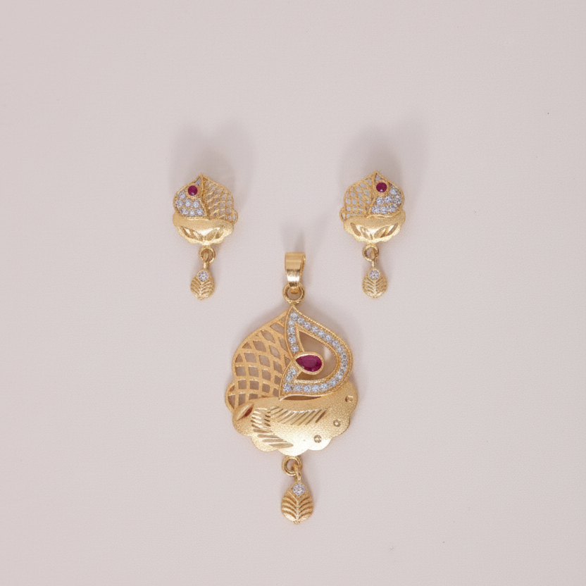 Red Stone Pendant & Earring Set with Complimentary Chain