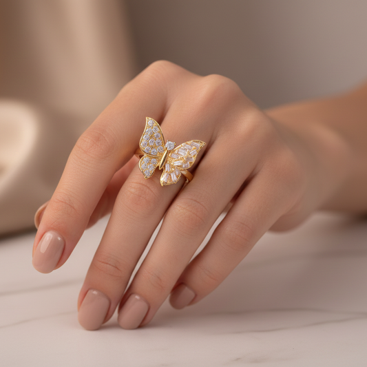 Gold Butterfly Ring with Dual-Cut Gemstone Wings – Elegant Statement Jewelry