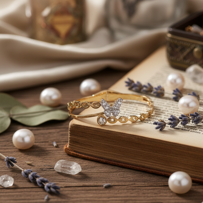 Anti-Tarnish Gold Bangle | Butterfly & American Diamond Design