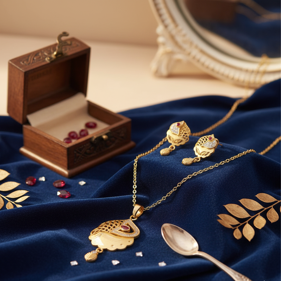 Red Stone Pendant & Earring Set with Complimentary Chain