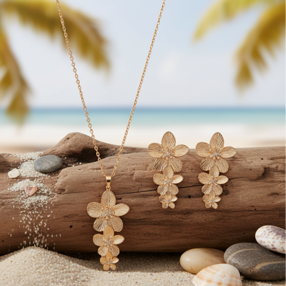 Cascading Blossom Stainless Steel Pendant Set with Earrings