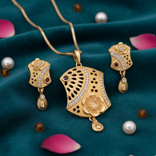 Floral Radiance Gold Toned Pendant & Earring set with Complimentary Chain