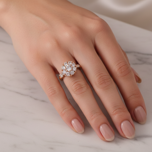 Rotating Floral Cluster Gold Ring with Round-Cut Stones – Elegant 360° Sparkle
