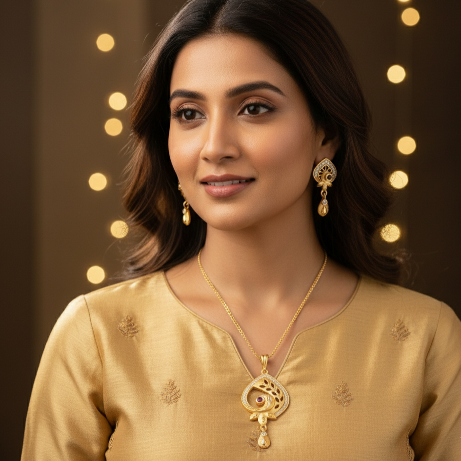 Regal Bloom Teardrop Pendant & Earring Set with Complimentary Chain