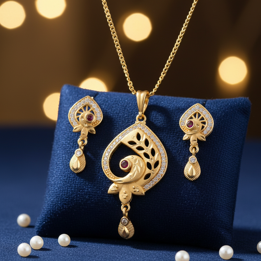 Regal Bloom Teardrop Pendant & Earring Set with Complimentary Chain