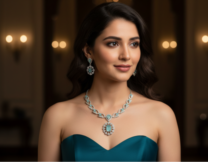 Regal Turquoise Radiance Necklace Set with American Diamonds