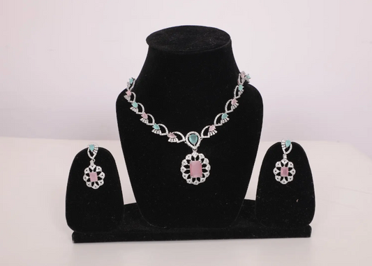 Turquoise Bloom Necklace Set with American Diamonds