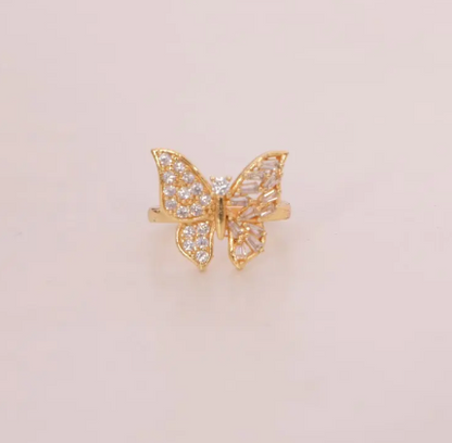 Gold Butterfly Ring with Dual-Cut Gemstone Wings – Elegant Statement Jewelry